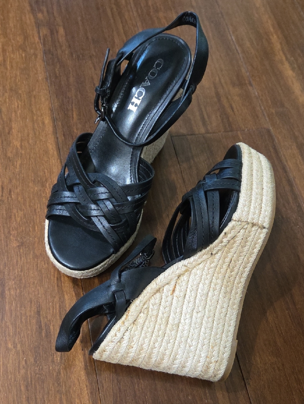 COACH DOTTIE BLACK WEDGE ESPADRILLE OPEN TOE SANDALS 7
